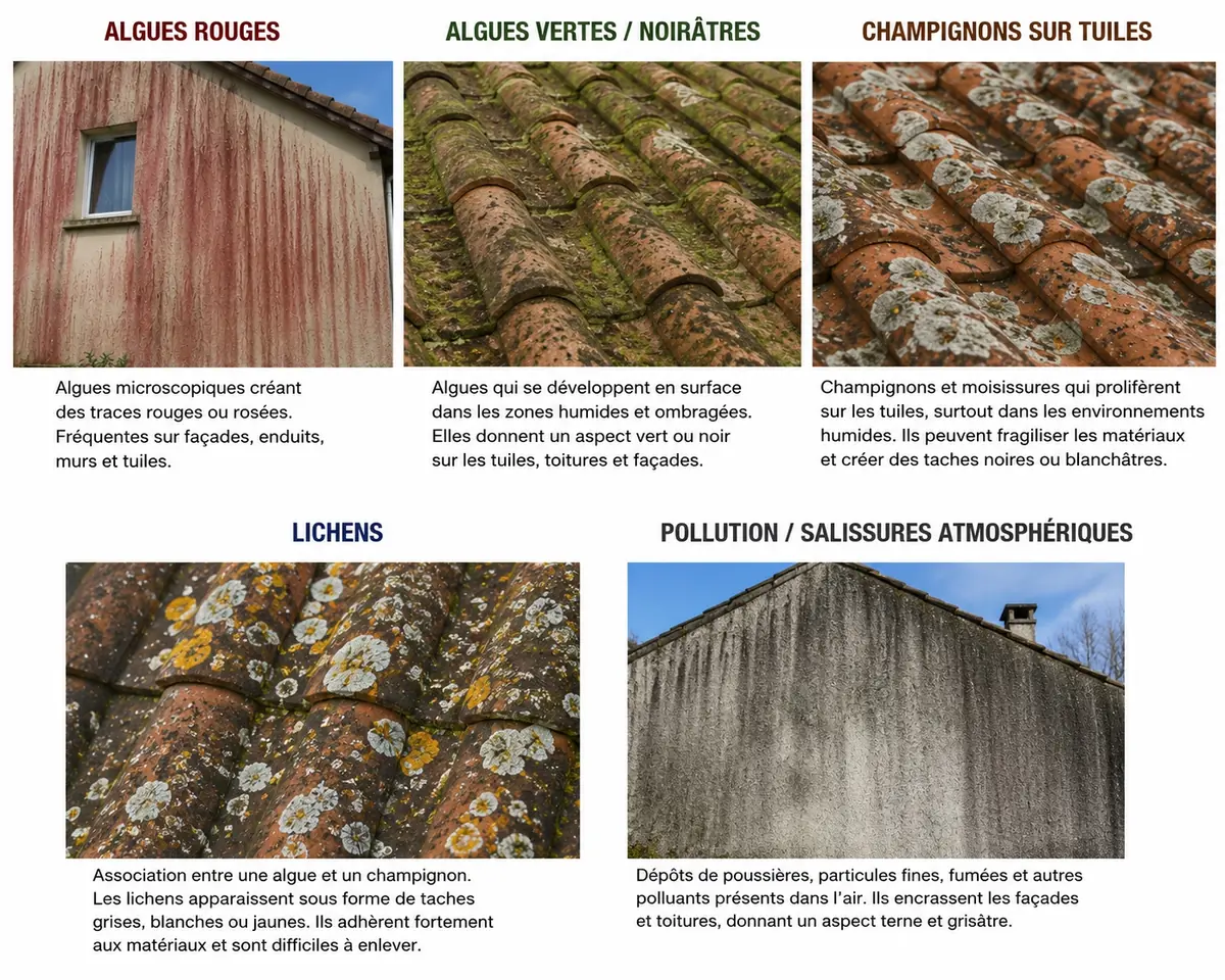 Guide visuel des algues rouges, algues vertes ou noirâtres, lichens, champignons et salissures atmosphériques